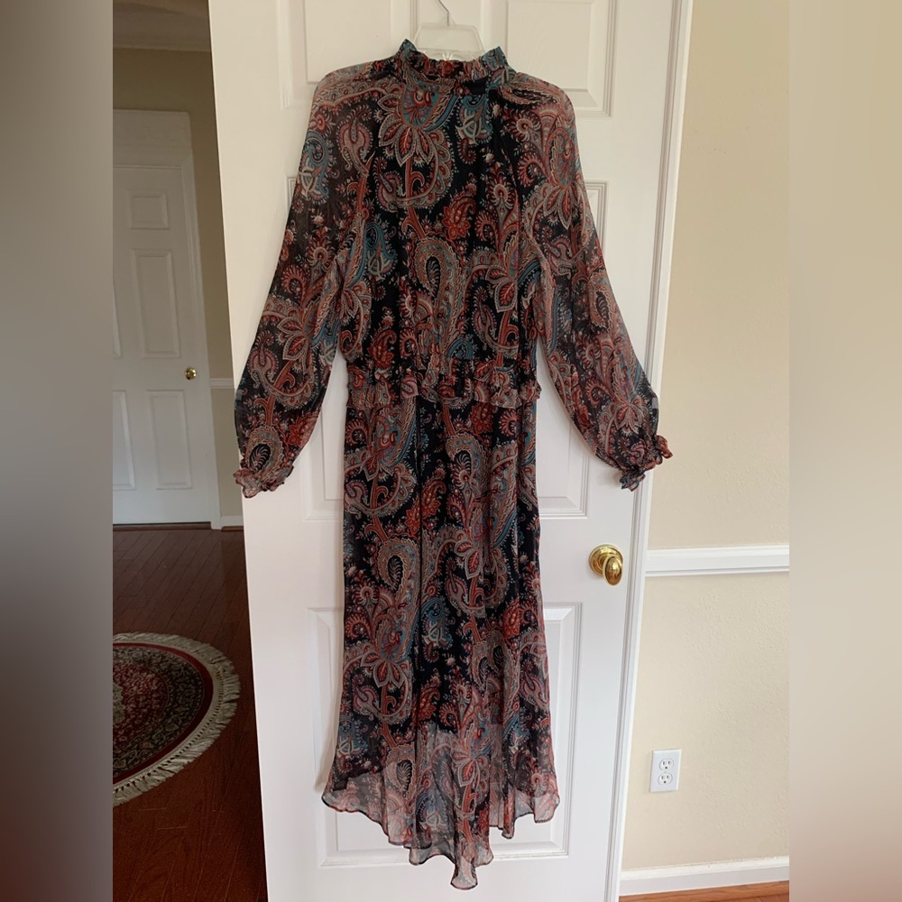 FINAL PRICE NWT Banana Republic SILK Maxi Dress Black/Green/Red/Cream Paisley L - Picture 4 of 16
